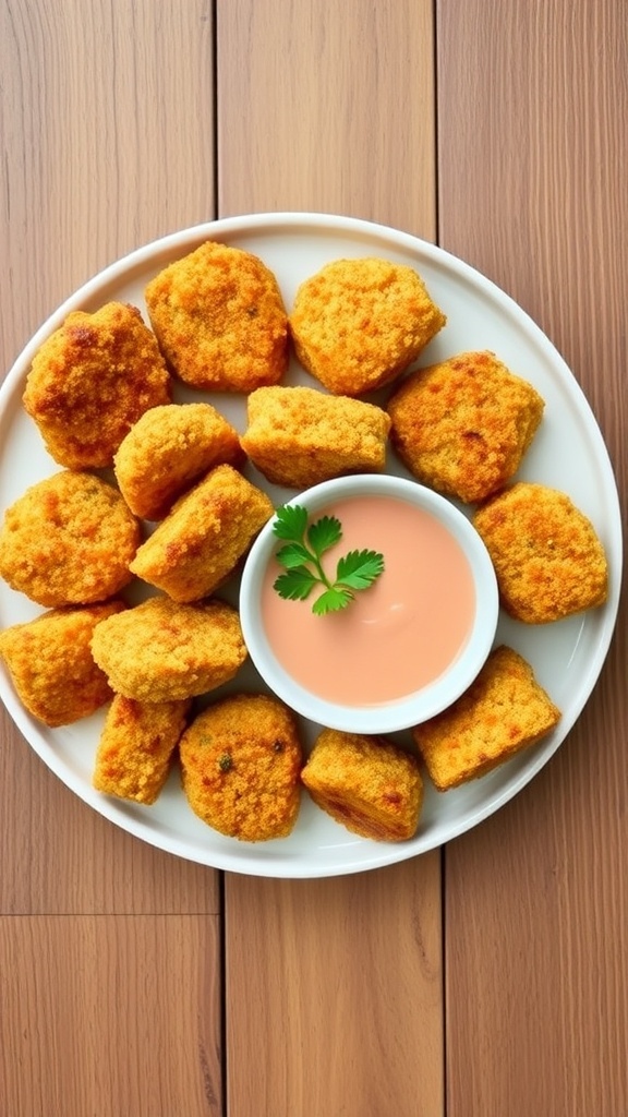 Baked quinoa chicken nuggets on a plate with dipping sauce and parsley garnish.